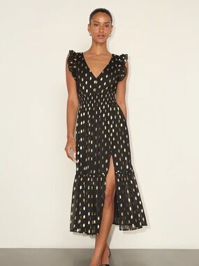Black and Gold Dot Ruffled Tiered Midi Dress